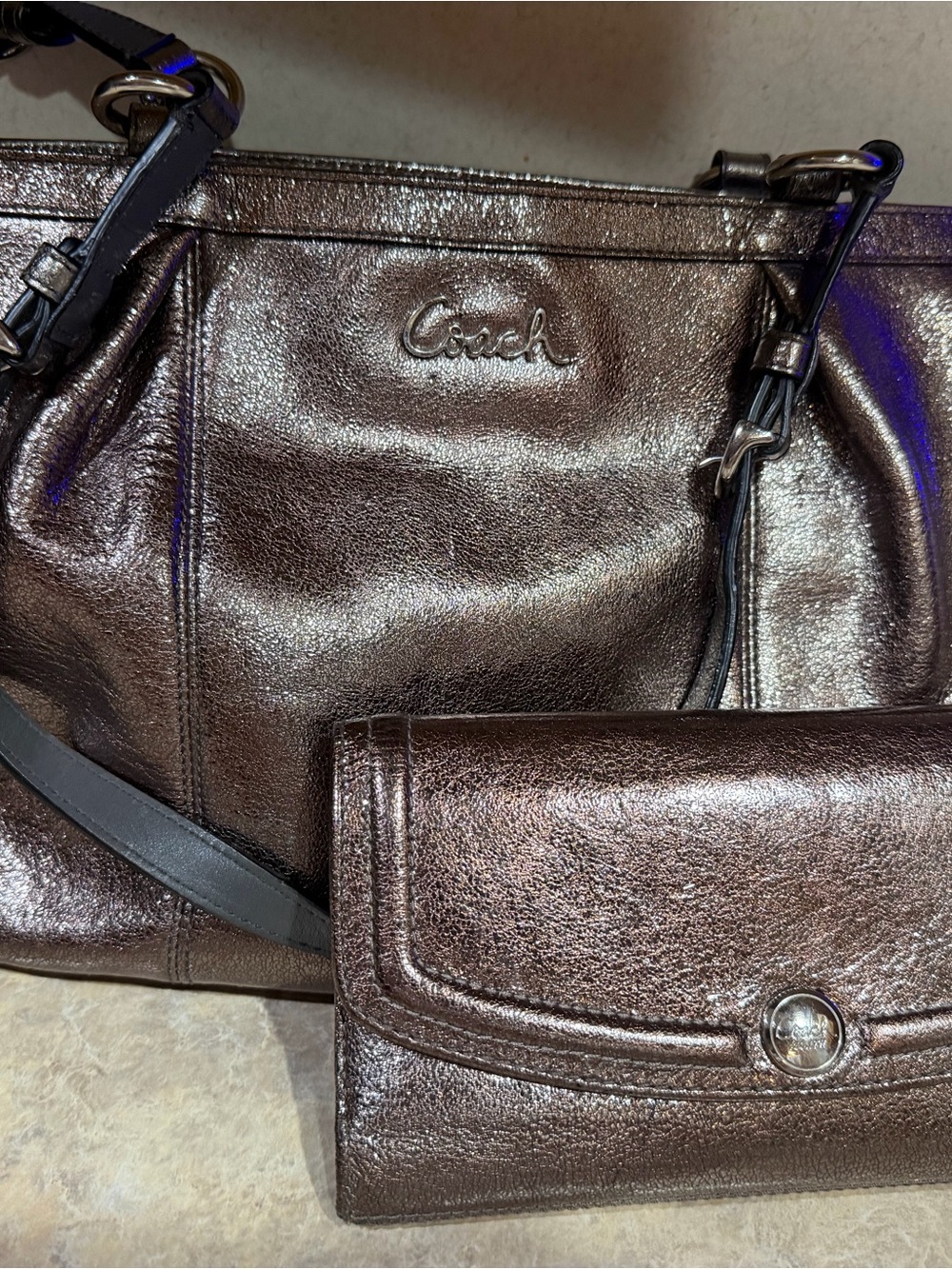 Coach Gallery Tote Metallic Bronze Shoulder Bag with Matching Wallet